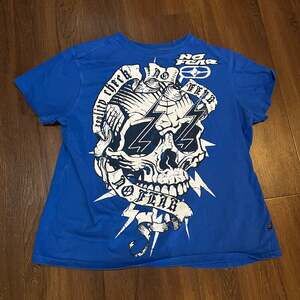 No Fear Skeleton Reality Check Lightning Bolt Graphic Blue T-Shirt
